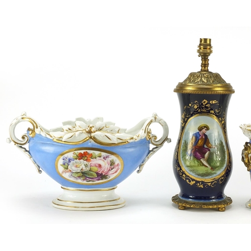 40 - French porcelain to include table lamp hand painted  with figures and flowers and three planters han... 