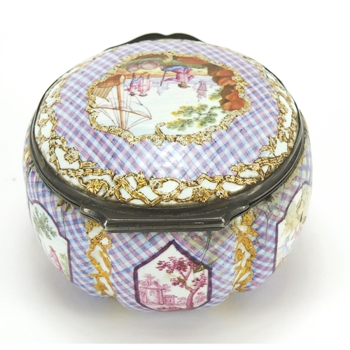 18 - 18th century enamel patch box with hinged lid and silver mounts, probably Staffordshire, 6cm in diam... 