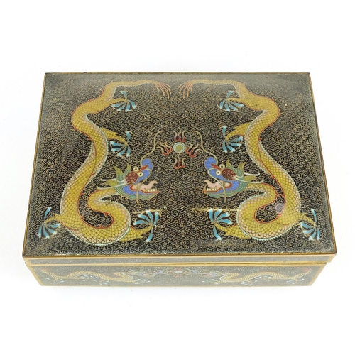 321 - Chinese cloisonne brass and enamel cigar box decorated with dragons chasing a flaming pearl, 10cm H ... 