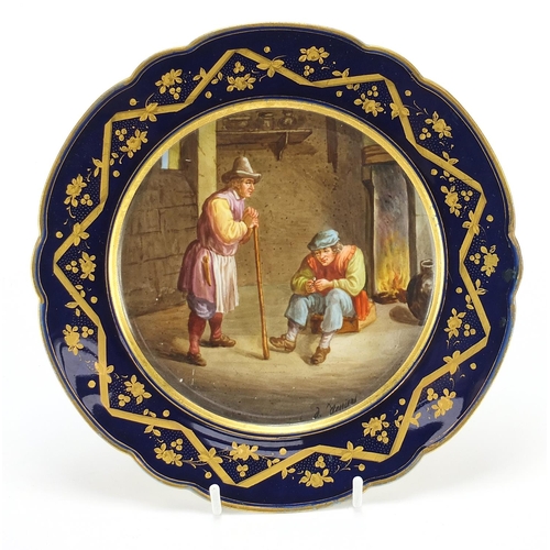 78 - Sevres, French porcelain cabinet plate hand painted with figures beside and open fire, signed J. Ben... 