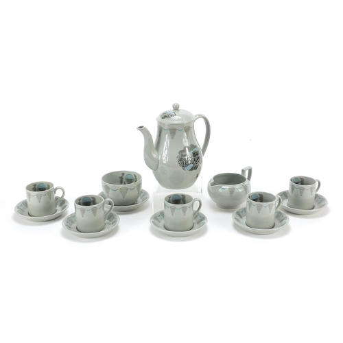 257 - Wedgwood Travel pattern six place coffee service designed by Eric Ravilious, the coffee pot 16.5cm h... 