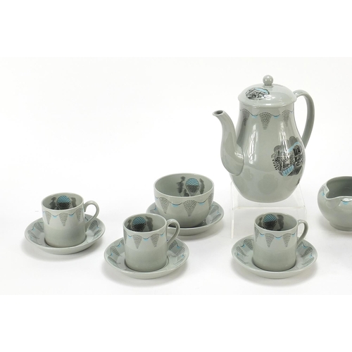 257 - Wedgwood Travel pattern six place coffee service designed by Eric Ravilious, the coffee pot 16.5cm h... 