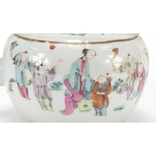 80 - Chinese porcelain teapot with metal twist handle, hand painted in the famille rose palette with figu... 