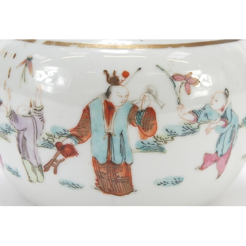 80 - Chinese porcelain teapot with metal twist handle, hand painted in the famille rose palette with figu... 