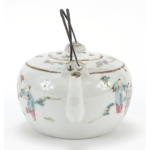 80 - Chinese porcelain teapot with metal twist handle, hand painted in the famille rose palette with figu... 