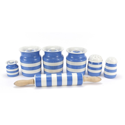 325 - T G Green Cornish kitchenware including rolling pin and preserve jars, the largest 44cm in length