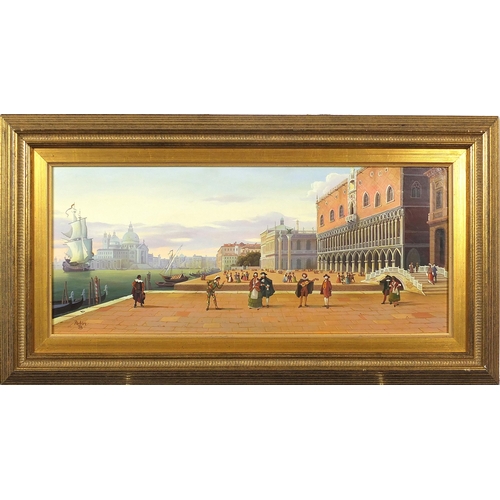 93 - Padari - Venetian scene with actors, oil on board, Gladwell & Company label verso, mounted and frame... 
