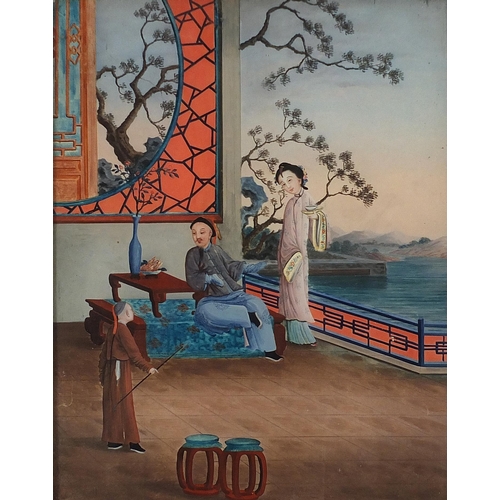 335 - Figures in a palace setting beside water, Chinese watercolour, mounted, framed and glazed,  35cm x 2... 