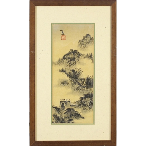 310 - The Great Wall of China, Chinese watercolour with character mark and red seal mark, mounted, framed ... 