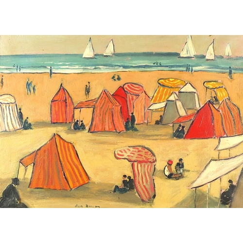 146 - Beach huts and figures before water and boats, oil on canvas, bearing an indistinct signature, mount... 