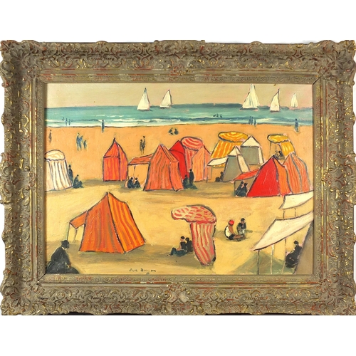 146 - Beach huts and figures before water and boats, oil on canvas, bearing an indistinct signature, mount... 