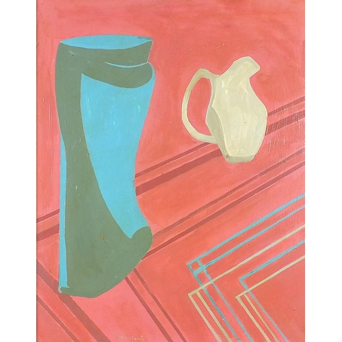 353 - Abstract composition, still life vessels and geometric lines, oil on canvas, mounted and framed, 49c... 