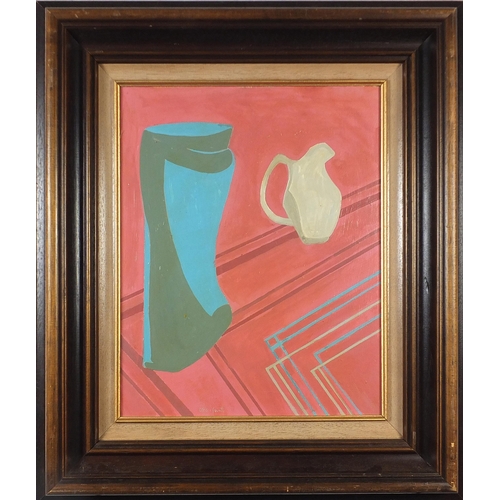 353 - Abstract composition, still life vessels and geometric lines, oil on canvas, mounted and framed, 49c... 