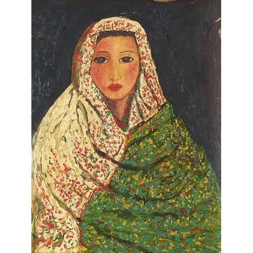 242 - Portrait of a girl, Middle Eastern oil on paper laid on canvas, mounted and framed, 44.5cm x 34.5cm ... 