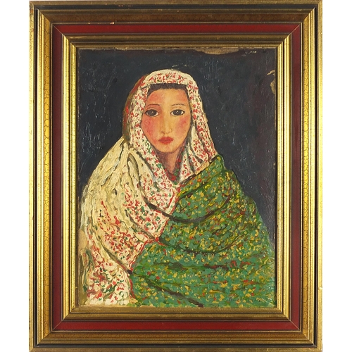 242 - Portrait of a girl, Middle Eastern oil on paper laid on canvas, mounted and framed, 44.5cm x 34.5cm ... 