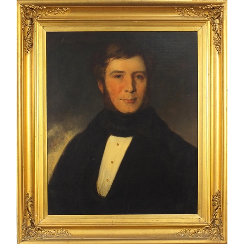 29 - Head and shoulders portrait of a gentleman wearing a cravat, Early 19th century oil on canvas, mount... 