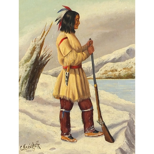 309 - Manner of Cornelius David Krieghoff - Hunter before a winter landscape, Canadian school oil on canva... 