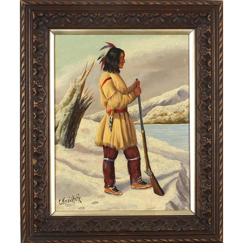 309 - Manner of Cornelius David Krieghoff - Hunter before a winter landscape, Canadian school oil on canva... 