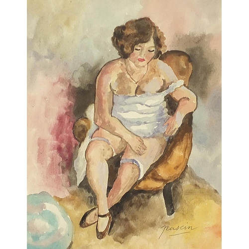 313 - After Jules Pascin - Seated female, French school watercolour on paper, mounted, framed and glazed, ... 