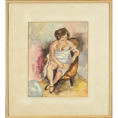 313 - After Jules Pascin - Seated female, French school watercolour on paper, mounted, framed and glazed, ... 