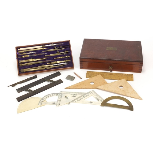 110 - Victorian mahogany cased brass drawing set, 5cm H x 20.5cm W x 12cm D