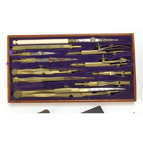 110 - Victorian mahogany cased brass drawing set, 5cm H x 20.5cm W x 12cm D