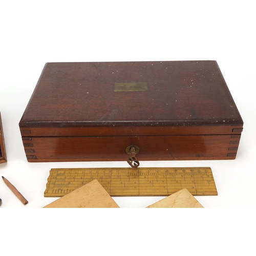 110 - Victorian mahogany cased brass drawing set, 5cm H x 20.5cm W x 12cm D