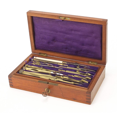 110 - Victorian mahogany cased brass drawing set, 5cm H x 20.5cm W x 12cm D