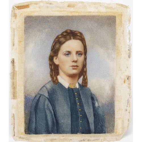 62 - Rectangular hand painted portrait miniature of a young female, with label printed Master Lambton Sir... 