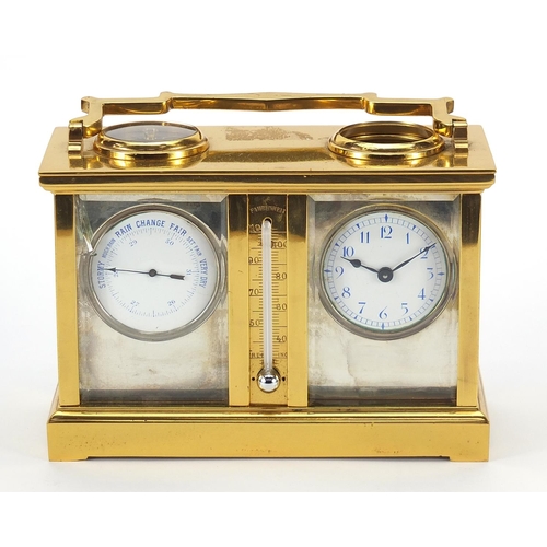 90 - Brass cased travelling timepiece with barometer, clock, thermometer and compass, the barometer and c... 