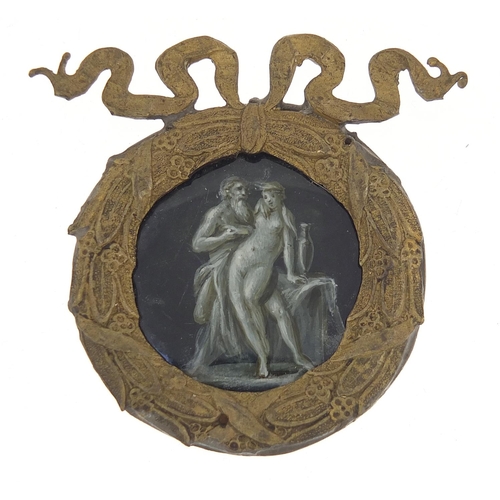 63 - Antique circular enamel panel hand painted with a nude female, possibly Limoges, housed in a brass w... 