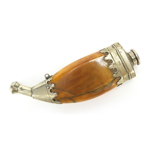 131 - Antique Islamic powder flask with amber coloured body, 12.5cm in length
