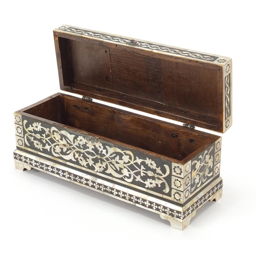 132 - Turkish pen box with mother of pearl inlay decorated calligraphy and floral motifs, 11cm H x 26.5cm ... 