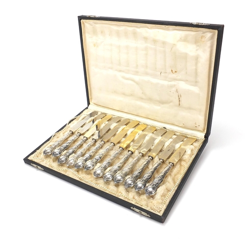 2199 - Set of twelve German 800 silver handled knives with fitted case, 20.5cm in length