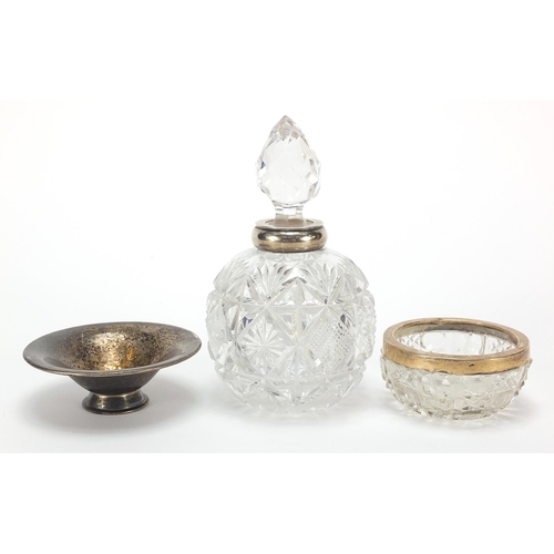 2215 - Objects comprising globular cut glass scent bottle with silver collar, cut glass salt with silver co... 