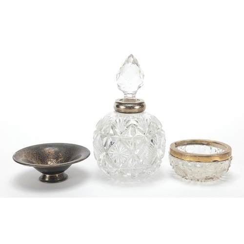 2215 - Objects comprising globular cut glass scent bottle with silver collar, cut glass salt with silver co... 