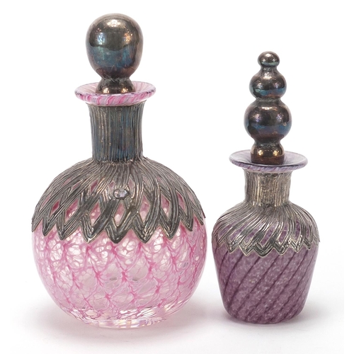 2230 - Two silver overlaid pink and purple glass scent bottles, indistinct hallmarks, the largest 12.5cm hi... 