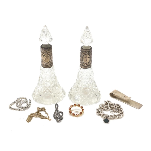 2201 - Silver jewellery and objects and a 9ct gold necklace, including a pair of Edwardian cut glass scent ... 