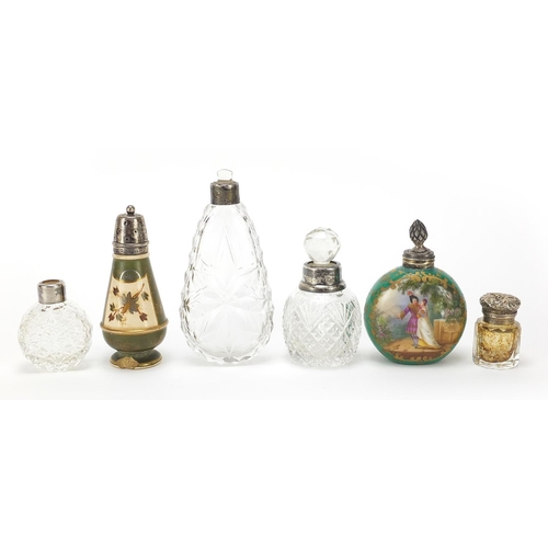 2228 - Victorian and later silver mounted cut glass scent bottles and two porcelain examples, various hallm... 