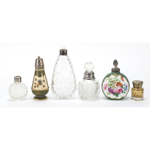 2228 - Victorian and later silver mounted cut glass scent bottles and two porcelain examples, various hallm... 