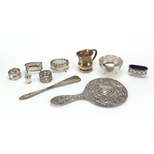 2229 - Silver items, white metal bowl and a filigree metal napkin ring including christening tankard, salts... 