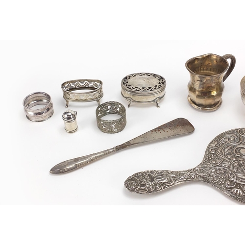 2229 - Silver items, white metal bowl and a filigree metal napkin ring including christening tankard, salts... 