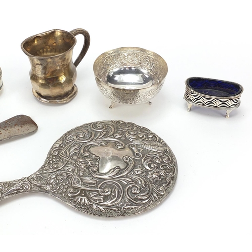 2229 - Silver items, white metal bowl and a filigree metal napkin ring including christening tankard, salts... 