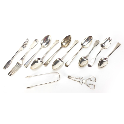 2177 - Georgian and later silver cutlery including a pair of sugar tongs, set of four spoons and a pair of ... 