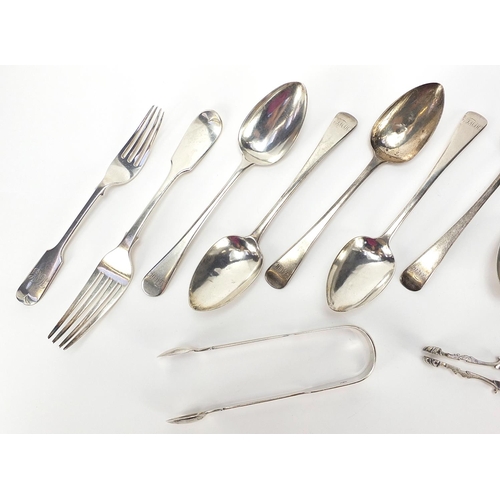 2177 - Georgian and later silver cutlery including a pair of sugar tongs, set of four spoons and a pair of ... 