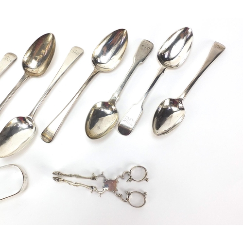 2177 - Georgian and later silver cutlery including a pair of sugar tongs, set of four spoons and a pair of ... 