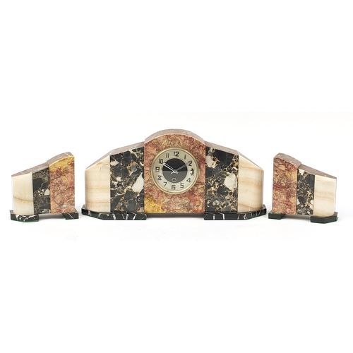 347 - Art Deco marble and black slate three piece clock garniture, the largest 49cm wide