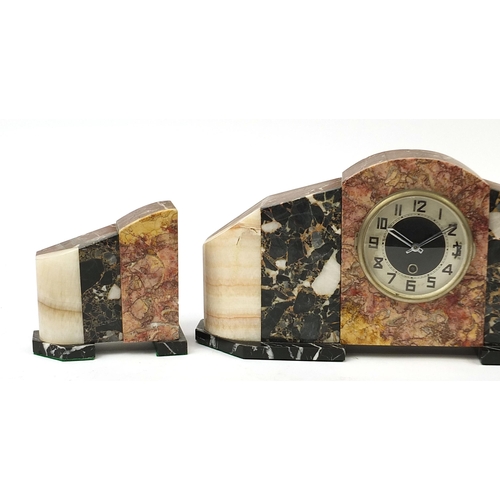 347 - Art Deco marble and black slate three piece clock garniture, the largest 49cm wide