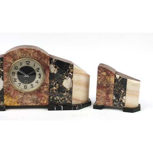 347 - Art Deco marble and black slate three piece clock garniture, the largest 49cm wide