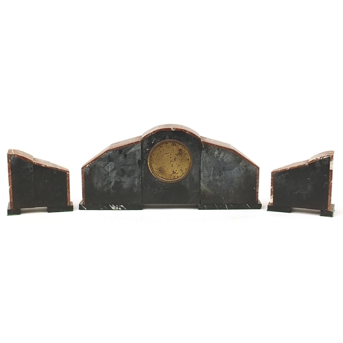 347 - Art Deco marble and black slate three piece clock garniture, the largest 49cm wide